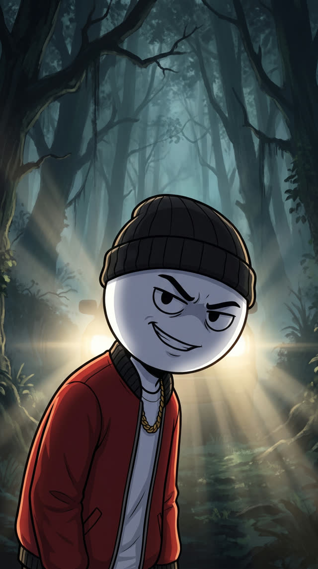 Primo Dré sorrindo na floresta, iluminado por faróis